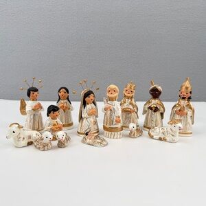 Mexican Clay Folk Art 14 Piece Nativity Set Pottery Hand Painted White Gold Mini